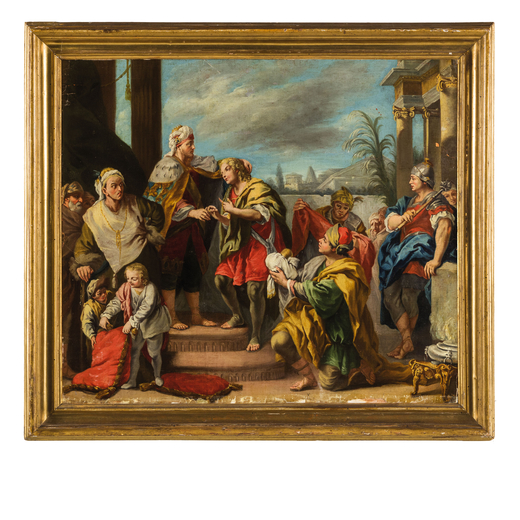 PITTORE VENETO DEL XVIII SECOLO Giuseppe e i suoi fratelli<br>Olio su tela, cm 64X75<br>Provenienza: