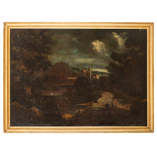 PITTORE DEL XVIII SECOLO  Paesaggio con figure e armenti <br>Olio su tela, cm 93X129