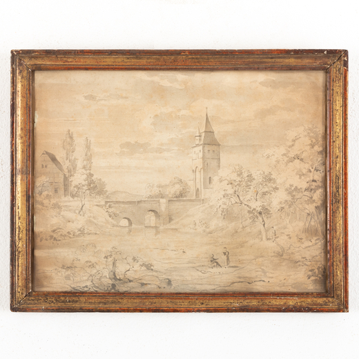PITTORE OLANDESE DEL XVIII-XIX SECOLO  Paesaggio con ponte e figure<br>Acquerello e matita su carta,