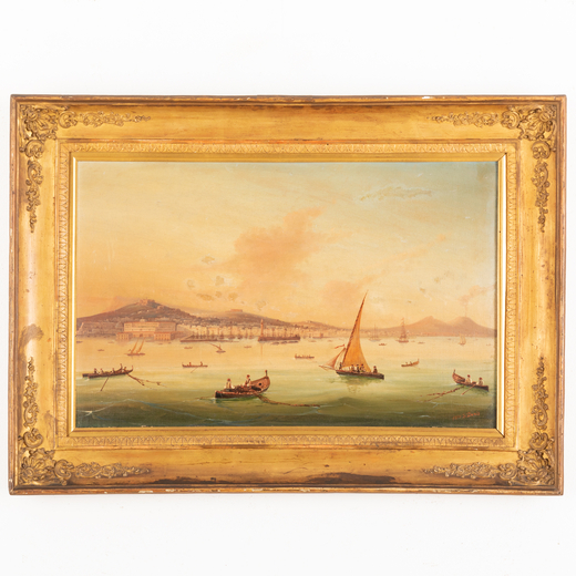 PITTORE DEL XIX SECOLO <br>Veduta del golfo di Napoli con il Vesuvio <br>Olio su tela, cm 47,5X80