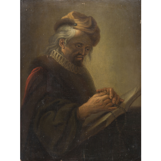 PITTORE OLANDESE DEL XVIII SECOLO Figura di uomo orante<br>Olio su tavola, cm 28X21,5