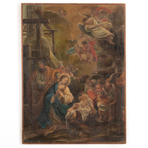 PITTORE DEL XVIII SECOLO Natività<br>Olio su tela, cm 102X75