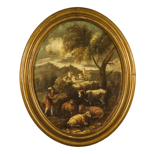 PITTORE EMILIANO DEL XVII-XVIII SECOLO Pastorale <br>Olio tela, cm 57X45
