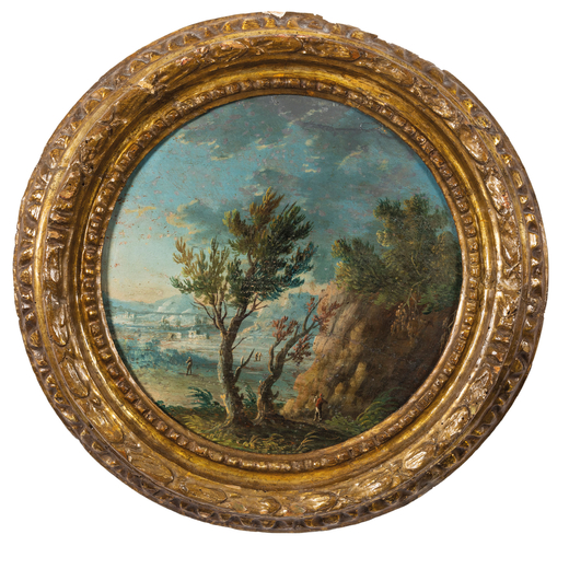 PITTORE VENETO DEL XVIII SECOLO  Paesaggio con figure<br>Olio su tavola tonda, diam. cm 23