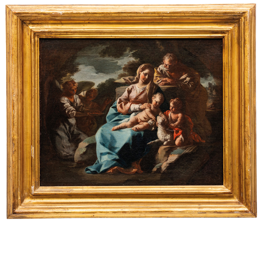 LORENZO DE CARO (Napoli, 1696 - 1782)<br>Riposo nella fuga in Egitto<br>Olio su tela, cm 34,5X40