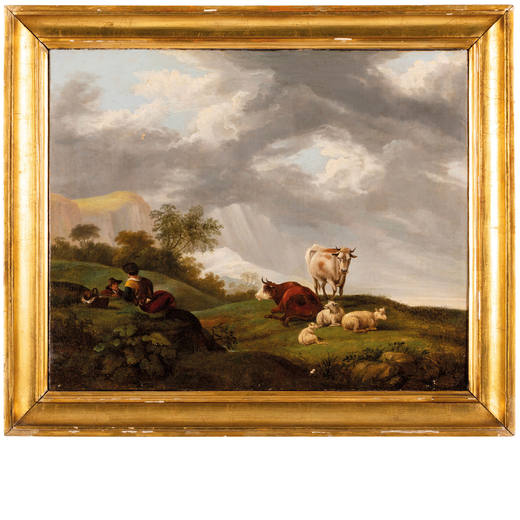 PITTORE DEL XIX SECOLO  Paesaggio con contadini e armenti <br>Olio su tela, cm 52,5X64,5