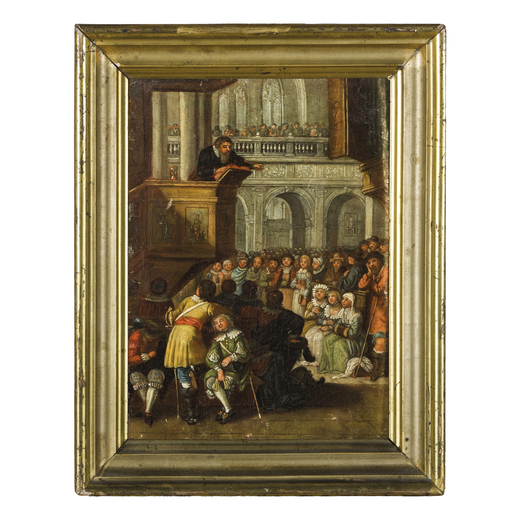 PITTORE FIAMMINGO DEL XVIII-XIX SECOLO  Predica in una chiesa<br>Olio su cartone, cm 22X17