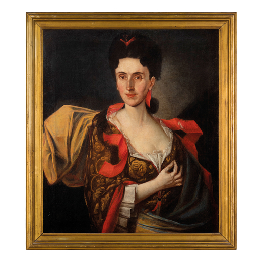 PITTORE DEL XVIII SECOLO Ritratto di dama<br>Olio su tela, cm 72X62