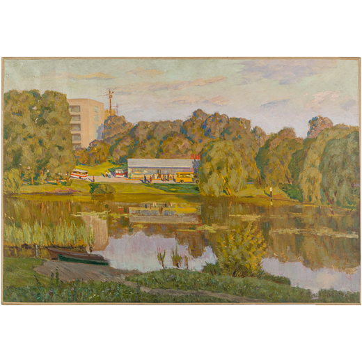 STANISLAV ALEKSEEVICH KHOKHLOV Ucraina, 1936<br>Paesaggio cittadino con lago<br>Firmato Khoklov e da