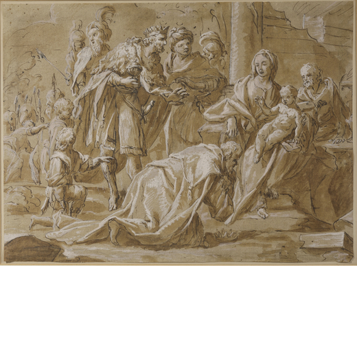 GIOVANNI RAFFAELE BADARACCO (attr. a) (Genova, 1645 - 1717)<br>Adorazione dei Magi<br>China su carta