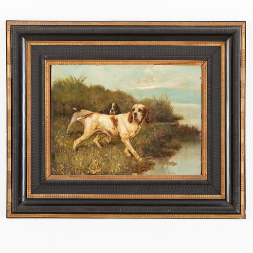 PITTORE DEL XIX SECOLO <br>Cani da caccia sulle rive del fiume <br>Olio su tela, cm 31X41