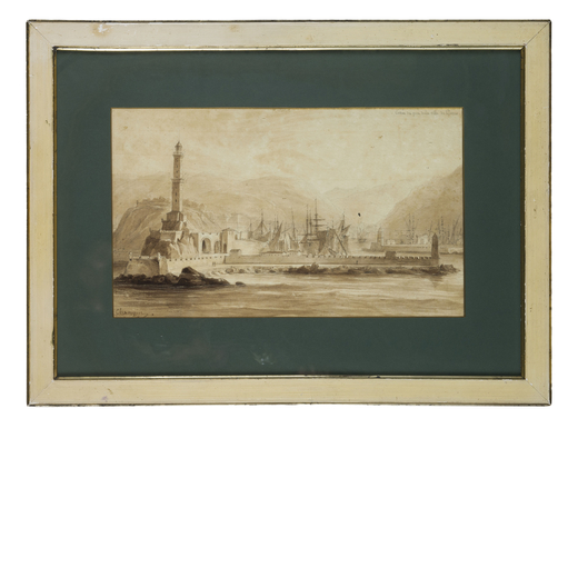 PITTORE DEL XIX SECOLO Veduta del porto di Genova con la Lanterna<br>Firmato in basso a sinistra<br>