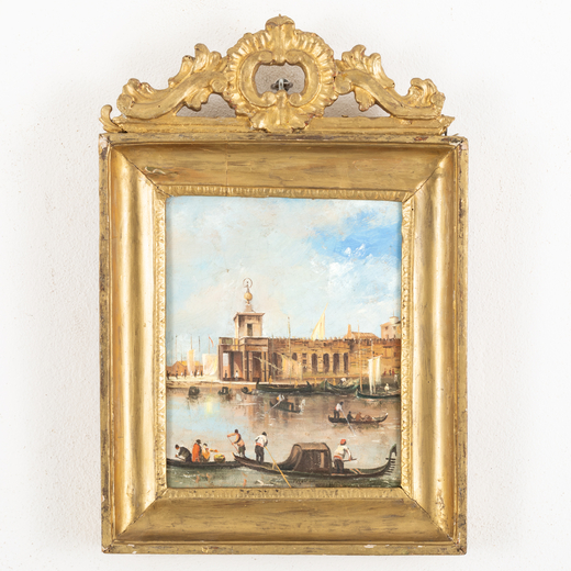 GIACOMO GUARDI (seguace di) (Venezia, 1764 - 1835)<br>Veduta di Punta della Dogana<br>Olio su tela, 