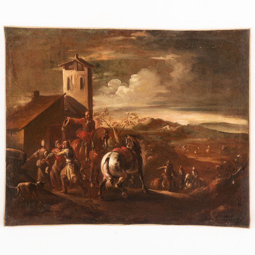 PITTORE DEL XVII-XVIII SECOLO Partenza per la battaglia<br>Olio su tela, cm 68X85