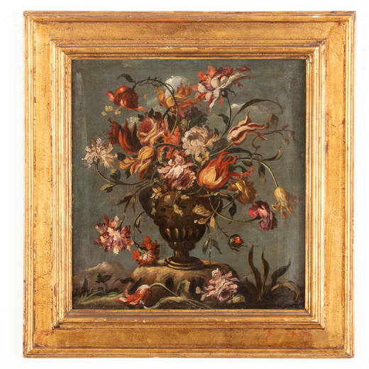MAESTRO DEI FIORI GUARDESCHI (attivo a Venezia 1730 - 1760)<br>Vaso di fiori <br>Olio su tela, cm 53