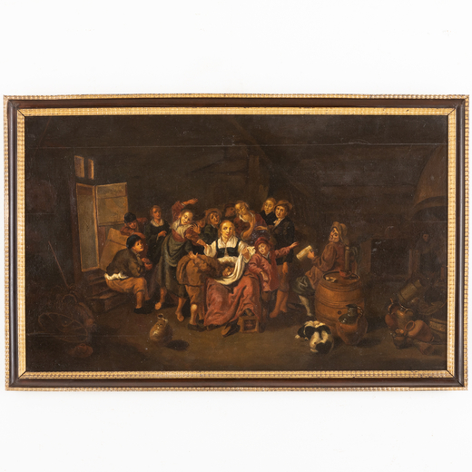 PITTORE DEL XVIII SECOLO Scena dinterno<br>Olio su tavola, cm 66X99