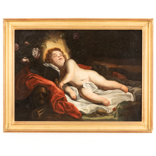 DOMENICO PIOLA (bottega di) (Genova, 1627 - 1703) <br>Amorino dormiente<br>Olio su tela, cm 71,5X98