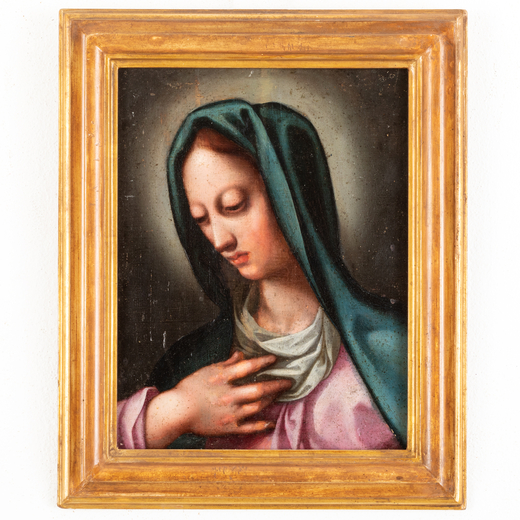 PITTORE FIAMMINGO DEL XVII SECOLO Vergine<br>Olio su tavola, cm 32,5X25,5
