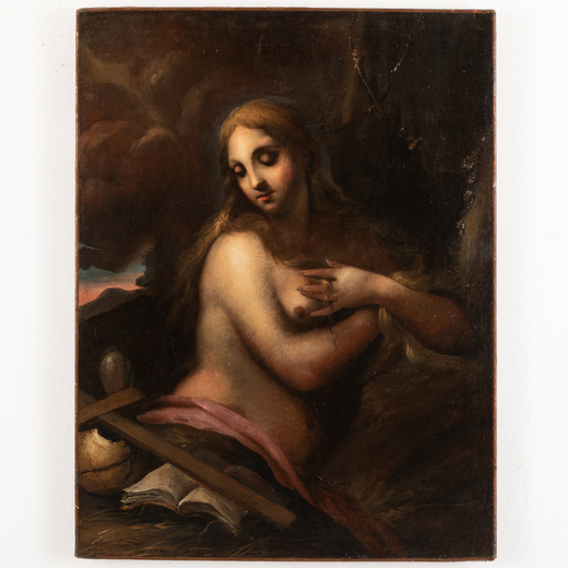 PITTORE EMILIANO DEL XVII SECOLO Maddalena<br>Olio su tela, cm 100,5X76,5