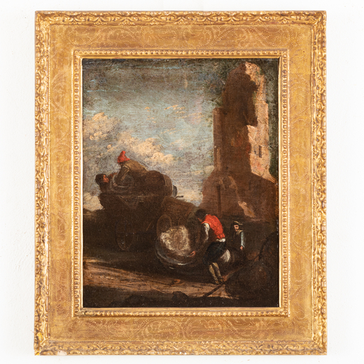 PITTORE ATTIVO A ROMA NEL XVIII SECOLO Paesaggio con viandanti <br>Olio su tela, cm 43,5X34,5