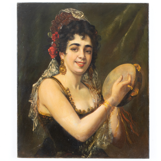 PITTORE DEL XIX-XX SECOLO <br>Ritratto di spagnola con tamburello<br>Olio su tela, cm 71,5X61