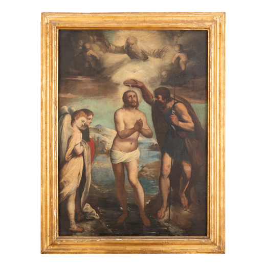 LUCA CAMBIASO (bottega di) (Moneglia, 1527 - Madrid, 1585)<br>Il battesimo di Cristo <br>Olio su tel