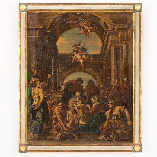 PITTORE DEL XVII-XVIII SECOLO  Presentazione di Gesù al tempio<br>Olio su tela, cm 80X64