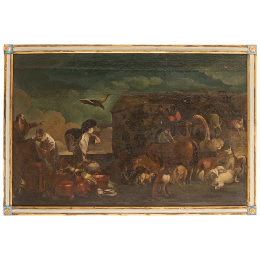 PITTORE GENOVESE DEL XVII SECOLO Arca di Noè<br>Olio su tela, cm 93,5X143