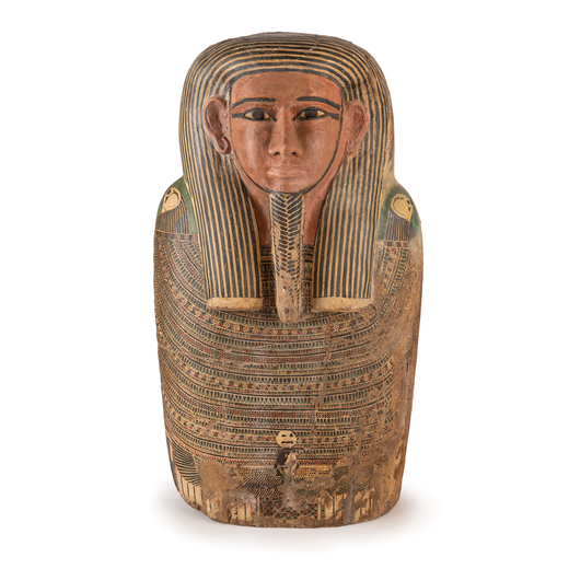 PARTE DI SARCOFAGO IN LEGNO DIPINTO, XIX SECOLO in stile egizio e raffigurante maschera funebre di u