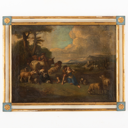 MICHELANGELO CERQUOZZI (cerchia di) (Roma, 1602 - 1660) <br>Paesaggio con pastori<br>Olio su tela, c
