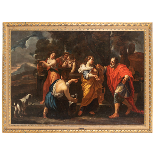 LUIGI GARZI (attr. a) (Pistoia, 1638 - Roma, 1721)<br>Rebecca ed Eleazar <br>Olio su tela, cm 92,5X1