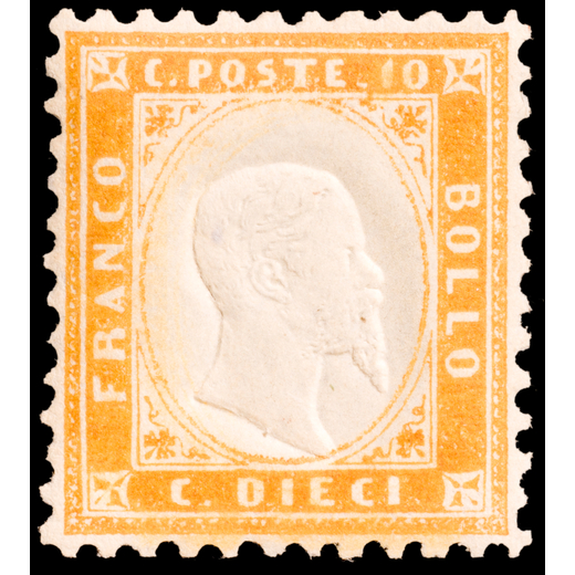 REGNO DITALIA 1862, EFFIGIE DI VITTORIO EMANUELE II IN RILIEVO 10 C. BISTRO GIALLASTRO <br>nuovo con