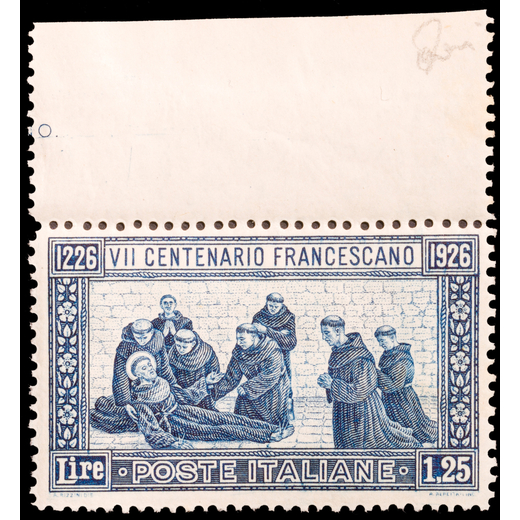 REGNO DITALIA 1926, VII CENTENARIO FRANCESCANO 1,25 L. AZZURRO DENT. 14 MARGINE SUPERIORE DI FOGLIO 