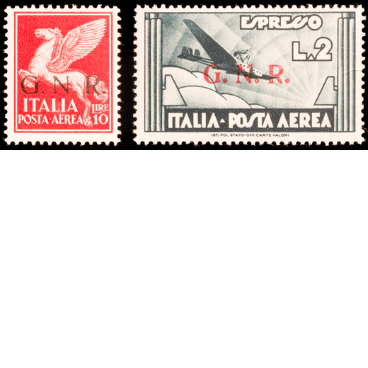 REPUBBLICA SOCIALE ITALIANA, POSTA AEREA 1944, G.N.R. TIRATURA DI VERONA LA SERIE DI NOVE VALORI<br>