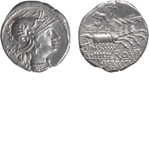 MONETE ROMANE REPUBBLICANE. GENS MINUCIA. DENARIO L. Minucius (133 a.C.)<br>Argento, chiusa e sigill