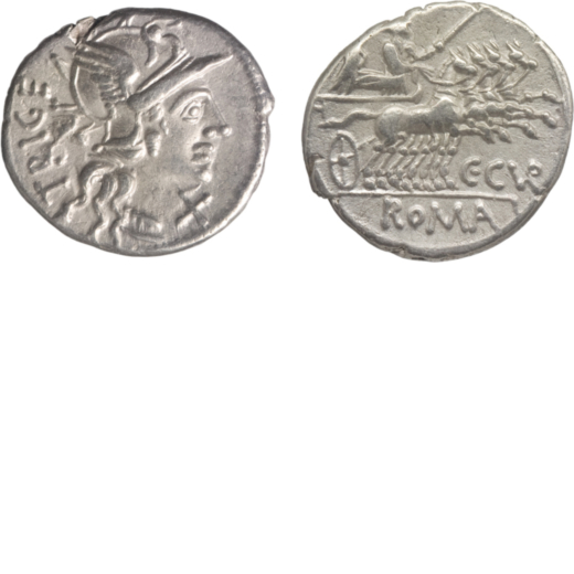 MONETE ROMANE REPUBBLICANE. GENS CURIATIA. DENARIO C. Curiatius Trigeminus (142 a.C.)<br>Argento, ch