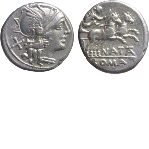 MONETE ROMANE REPUBBLICANE. GENS PINARIA. DENARIO Pinarius Natta (149 a.C.)<br>Argento, chiusa e sig