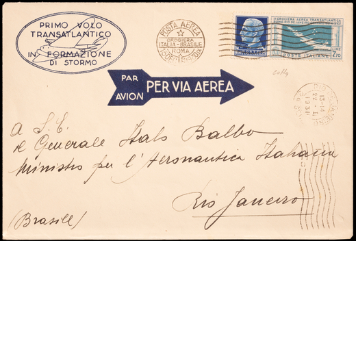 REGNO DITALIA, POSTA AEREA 1930, CROCIERA BALBO ROMA-RIO DE JANEIRO 7,70 L. CELESTE E GRIGIO E VALOR