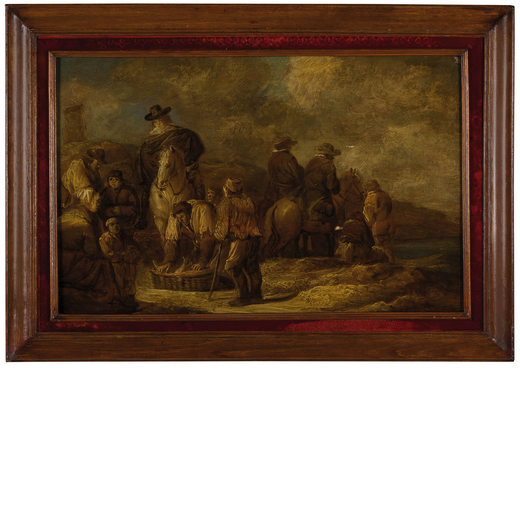 JAN DE MOMPER (attr. a) (Anversa, 1614 - Roma, 1688)<br>Scena di mercato <br>Olio su tavola, cm 37X5