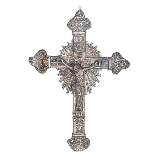 CROCIFISSO IN ARGENTO, REGNO DELLE DUE SICILIE, XIX SECOLO Cristo giace a capo reclinato sulla croce