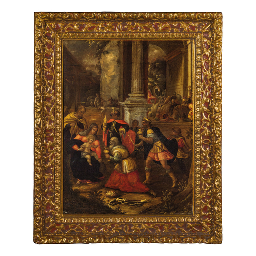 PITTORE LOMBARDO DEL XVI-XVII SECOLO Adorazione dei Magi<br>Olio su tela, cm 67X50