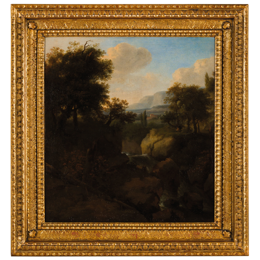 JACQUES DARTOIS (seguace di) (Bruxelles 1613 - 1686)<br>Paesaggio con cascata<br>Olio su tela, cm 66