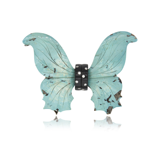 BROCHE EN OR, TURQUOISE, ONYX ET DIAMANTS stylisée dun papillon en turquoise gravée soutenue au ce