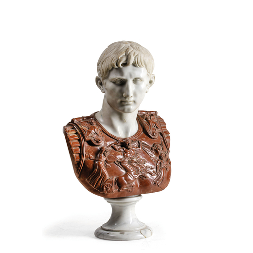 SCULTURA IN MARMI DIVERSI, XIX-XX SECOLO raffigurante busto di Ottaviano Augusto, base a plinto circ