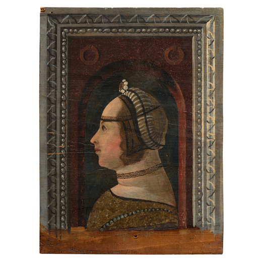 ANTONIO CICOGNARA (cerchia di) (Cremona, pre 1480 - Ferrara, post 1500)<br>Ritratto femminile <br>Te