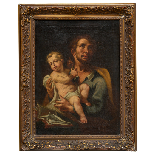 PITTORE DEL XVII-XVIII SECOLO San Giuseppe col Bambino<br>Olio su tela, cm 57X42