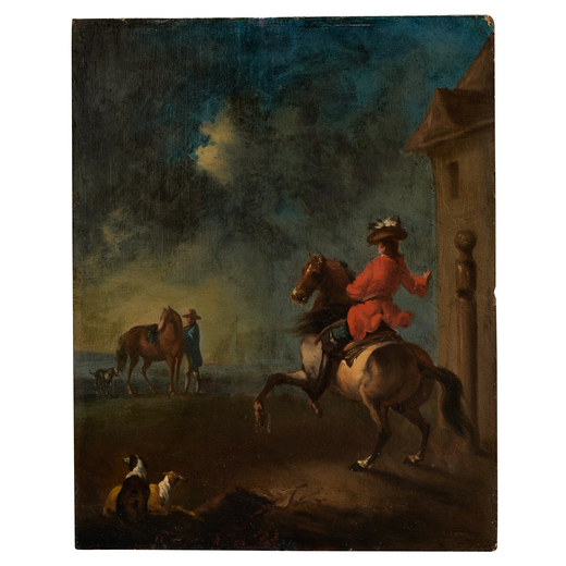 PITTORE FIAMMINGO DEL XVII-XVIII SECOLO Paesaggio con cavaliere<br>Olio su tavola, cm 26,5X21