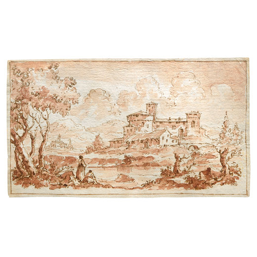 FRANCESCO GUARDI (maniera di) (Venezia, 1712 - 1793)<br>Paesaggio fluviale con figure e borgo fortif