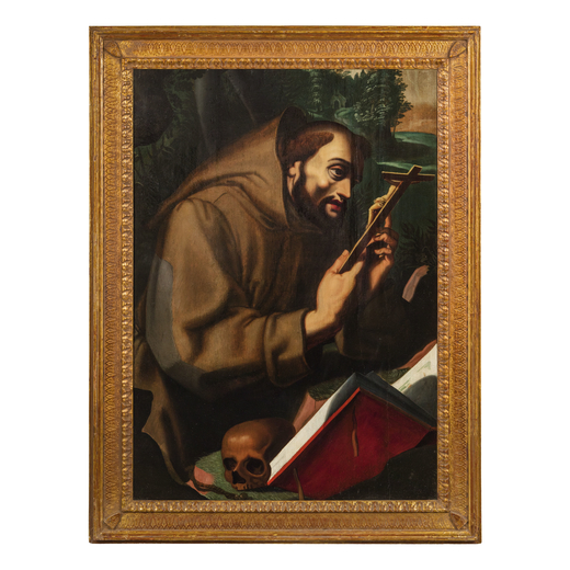 PITTORE DEL XVI-XVII SECOLO  San Francesco <br>Olio su tavola, cm 98X69