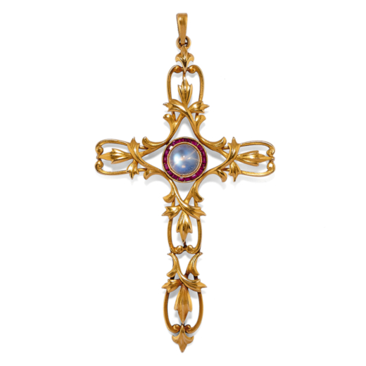 PENDENTIF EN OR, RUBIS SYNTHÉTIQUE ET PIERRE DE LUNE modelé comme un crucifix à décor de volute 